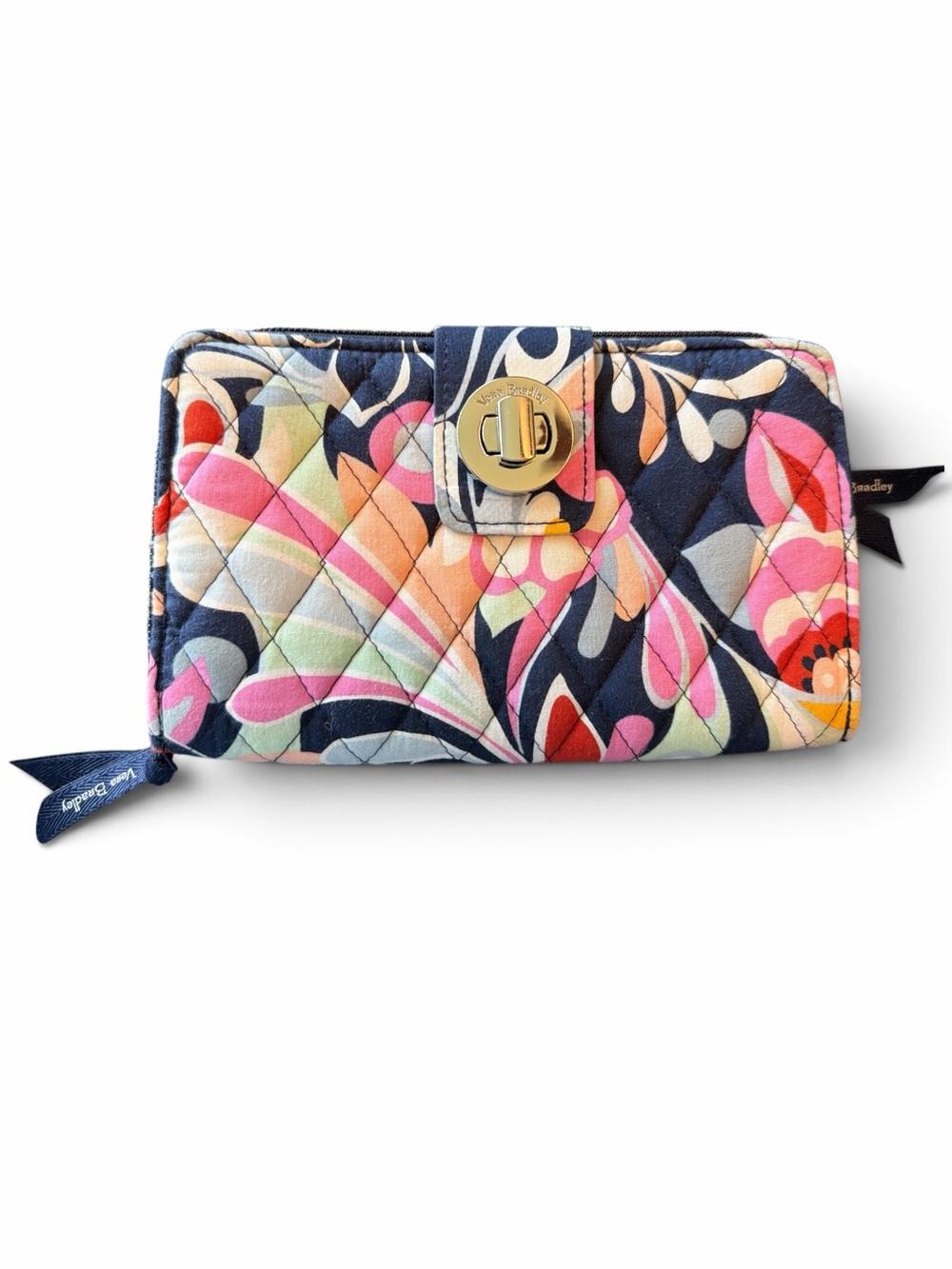 Vera Bradley Navy Floral Quilted Turnlock Wallet RFID Protection Pink Green